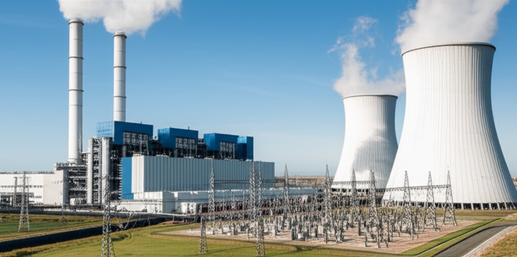 NTPC power plant with cooling towers and electrical infrastructure